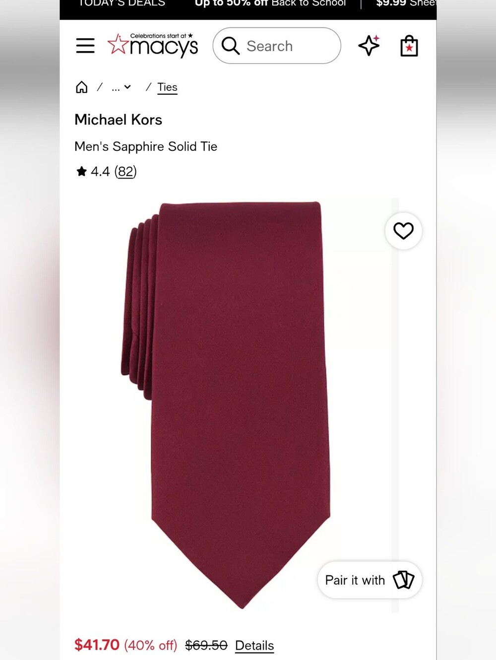 Michael Kors Men's Solid Burgundy Tie